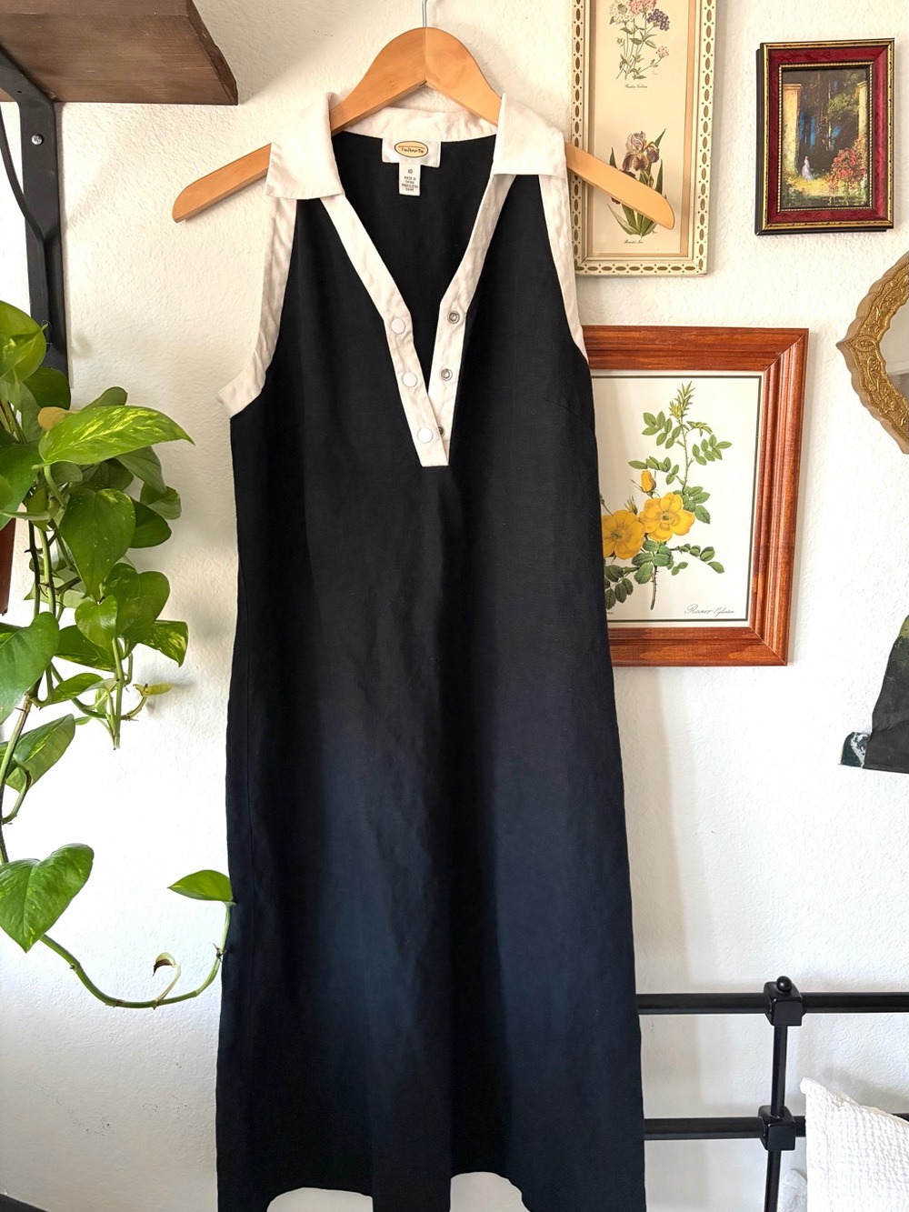 Vtg Talbots Black Sleeveless Collared Shift Dress White Trim - linen blend - 10